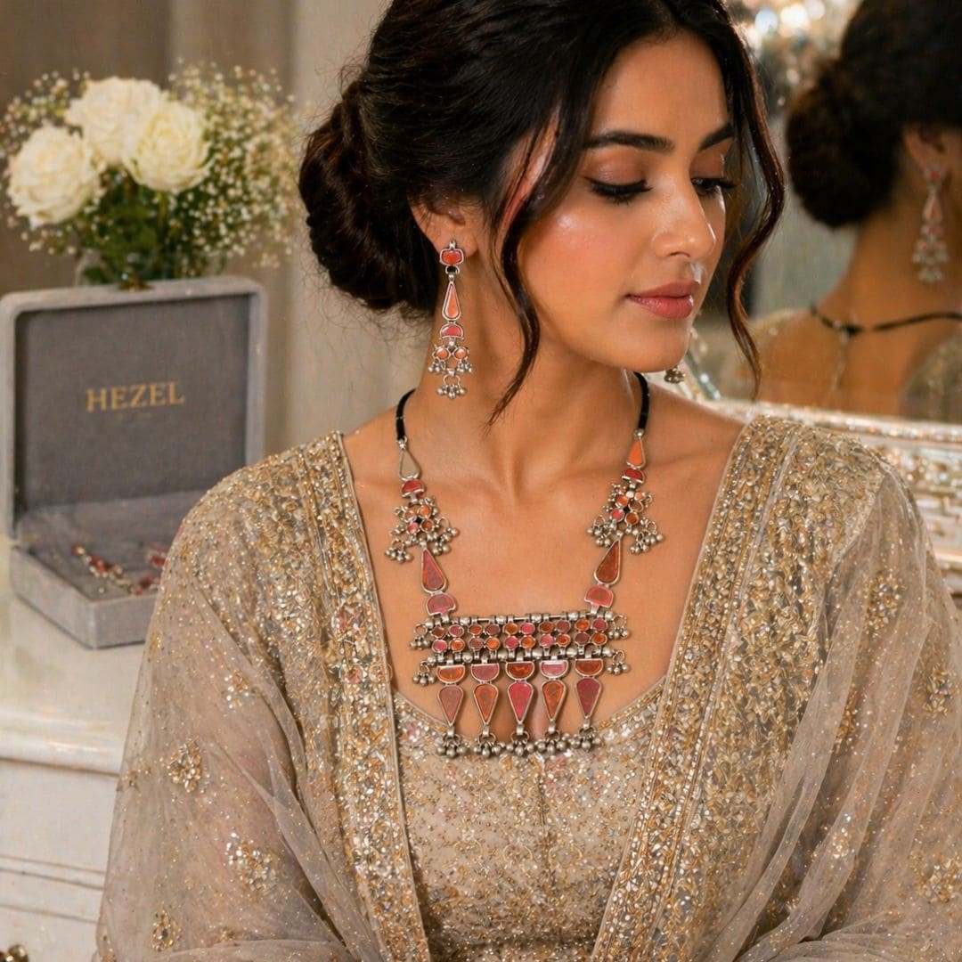 Designer HEZEL statement jewellery set with oxidised finish, red stones, and intricate handcrafted detailing, showcased on a display stand