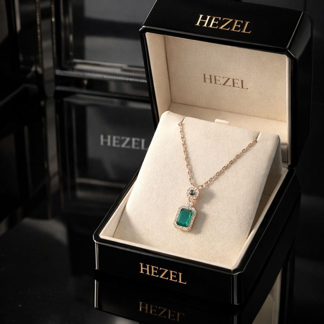 Luxury HEZEL necklace with emerald-green pendant displayed in an elegant black jewelry box