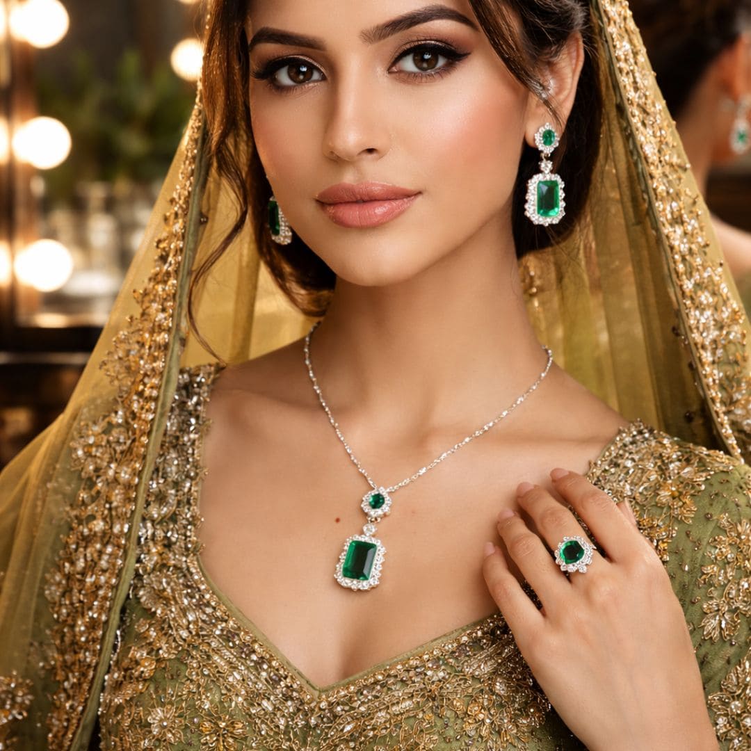 Hezel emerald green pendant necklace with matching earrings and ring on model in bridal outfit