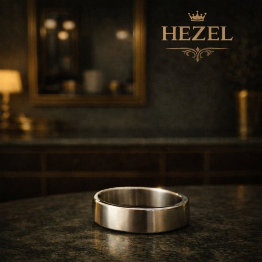 Minimalist silver band ring placed on a premium surface with elegant HEZEL branding in the background, highlighting its clean and timeless design