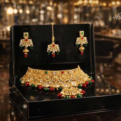 Royal Kundan Necklace Set With Maang Tikka & Earrings