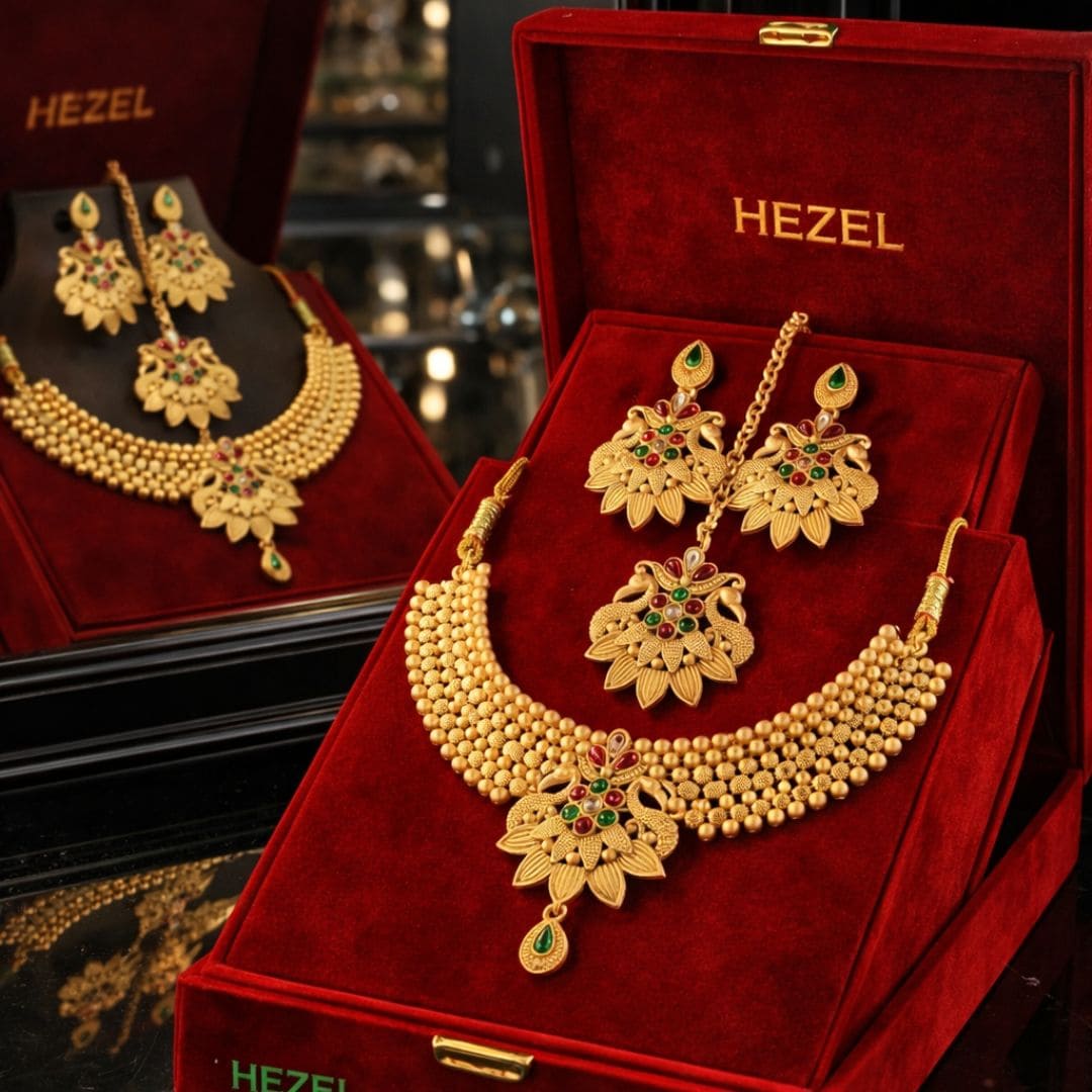 HEZEL gold-tone beaded necklace set with floral pendant, matching earrings, and maang tikka in a premium red jewelry box