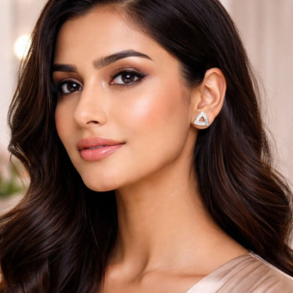 Hezel triangular diamond stud earrings on model, elegant minimal jewelry for everyday wear