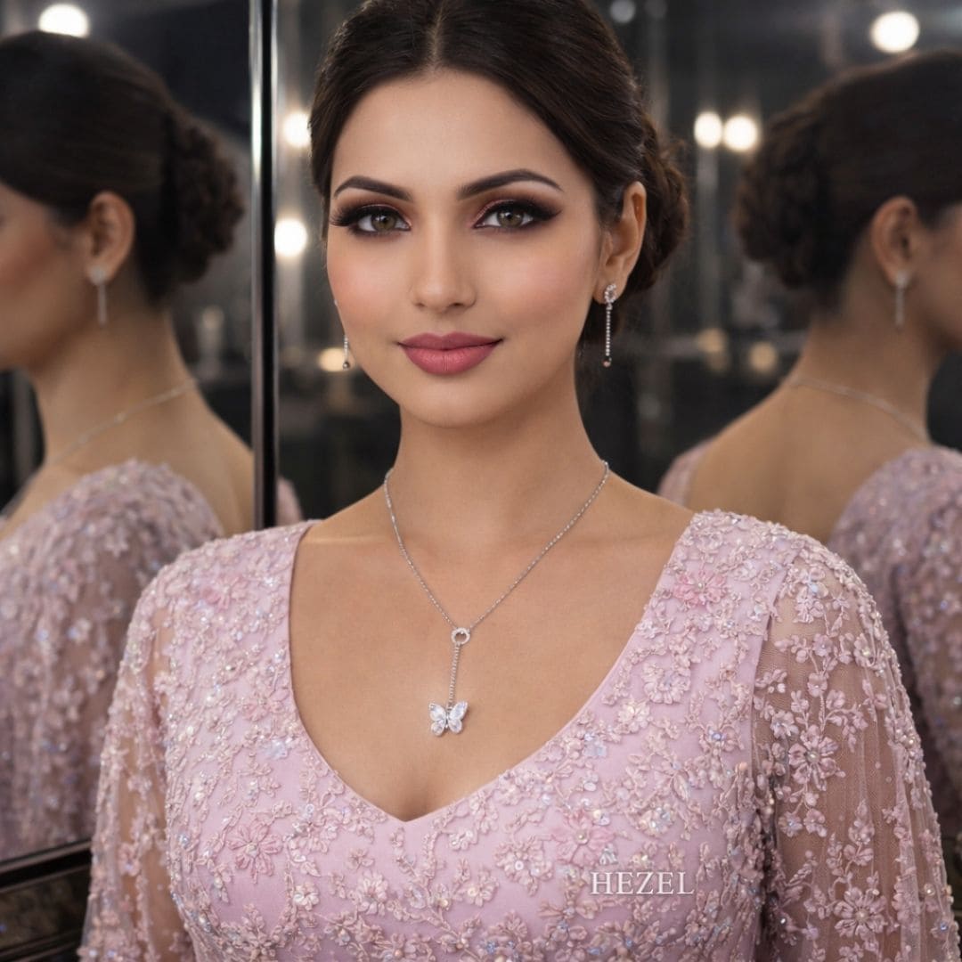 Elegant woman wearing Hezel butterfly pendant necklace with soft luxury evening glamour look.