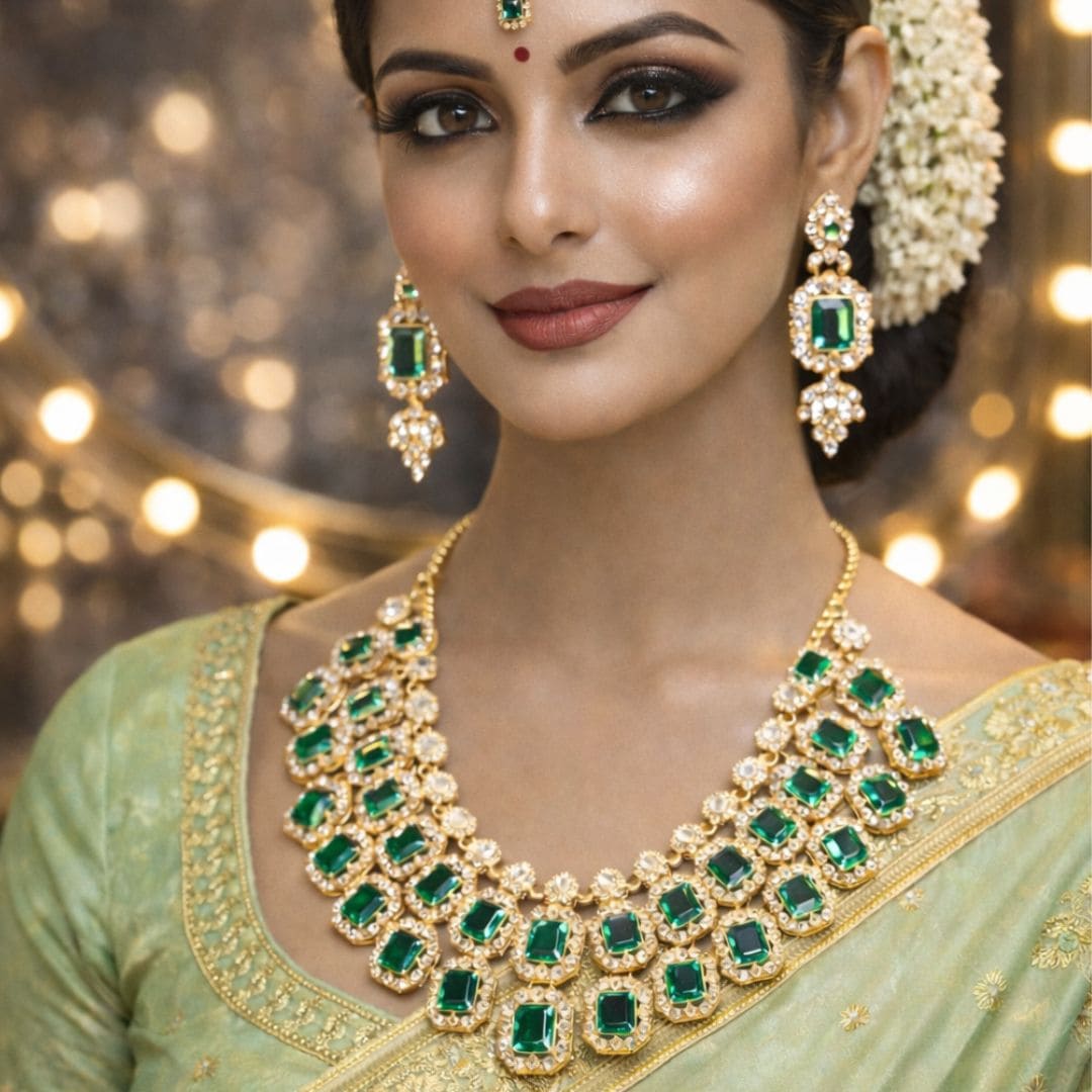 Royal Emerald-Green Crystal Bridal Necklace Set With Earrings & Maang Tikka