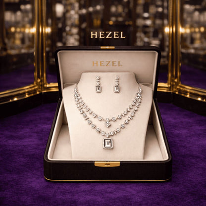 Luxury Silver-Tone Geometric Crystal Necklace Set