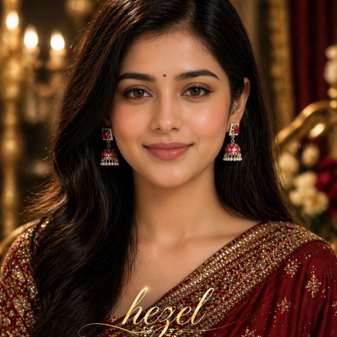 Hezel red jhumka earrings with pearl drops, worn by a model in a traditional red outfit with a warm, luxurious festive background