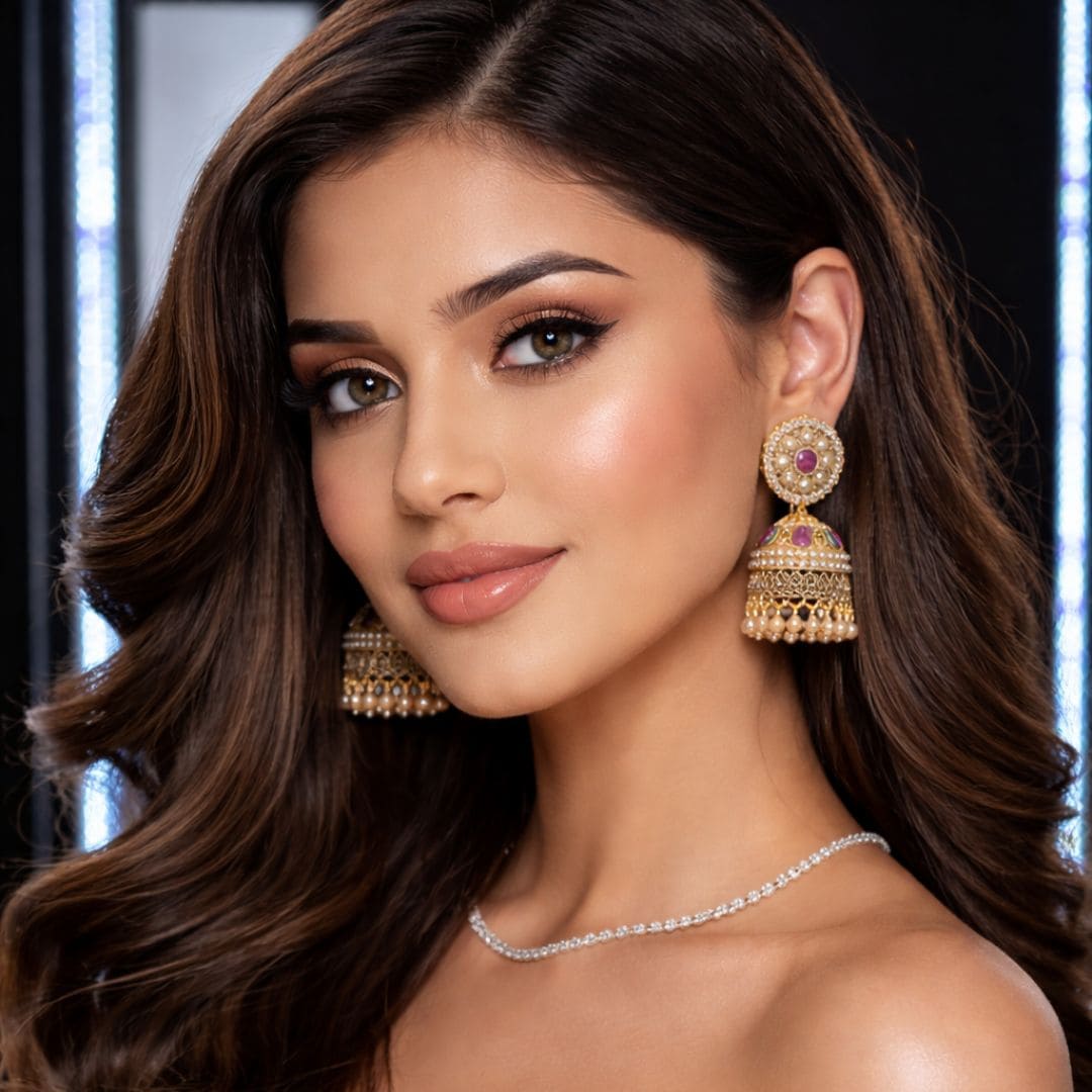 Professional portrait of a woman wearing traditional gold jhumka earrings with ruby accents from Hezel, styled in a luxury studio setting.