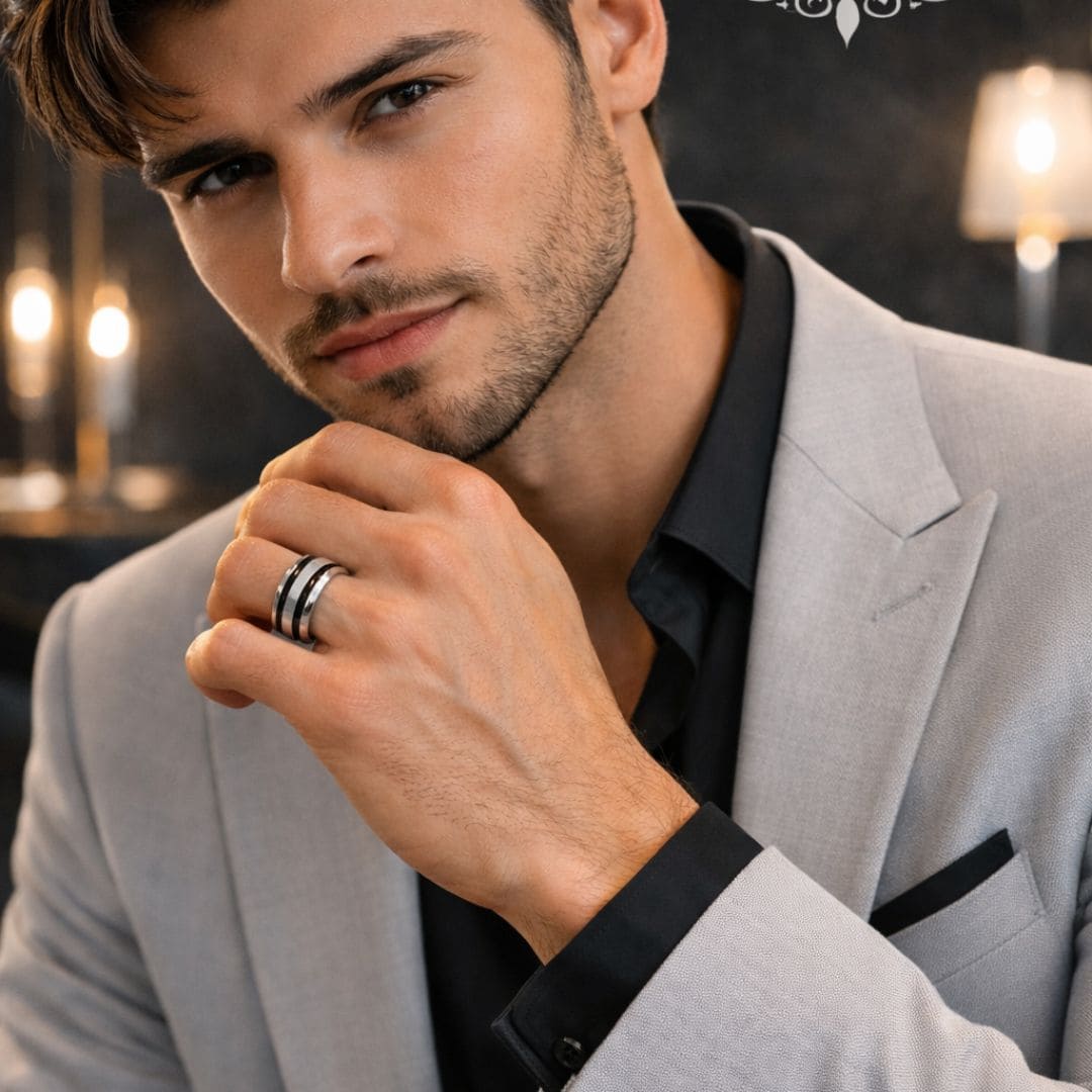 HEZEL branded men’s silver ring with black stripe design worn by a stylish man in a grey suit, premium luxury jewelry look.