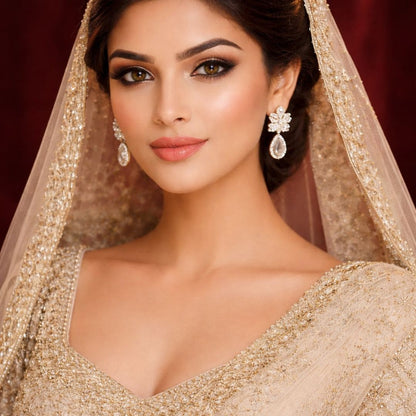 Model wearing HEZEL bridal floral drop earrings, elegant sparkling design for wedding jewelr