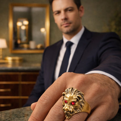 HEZEL bold lion head statement ring with red stone eyes in antique gold finish worn by male model in formal suit