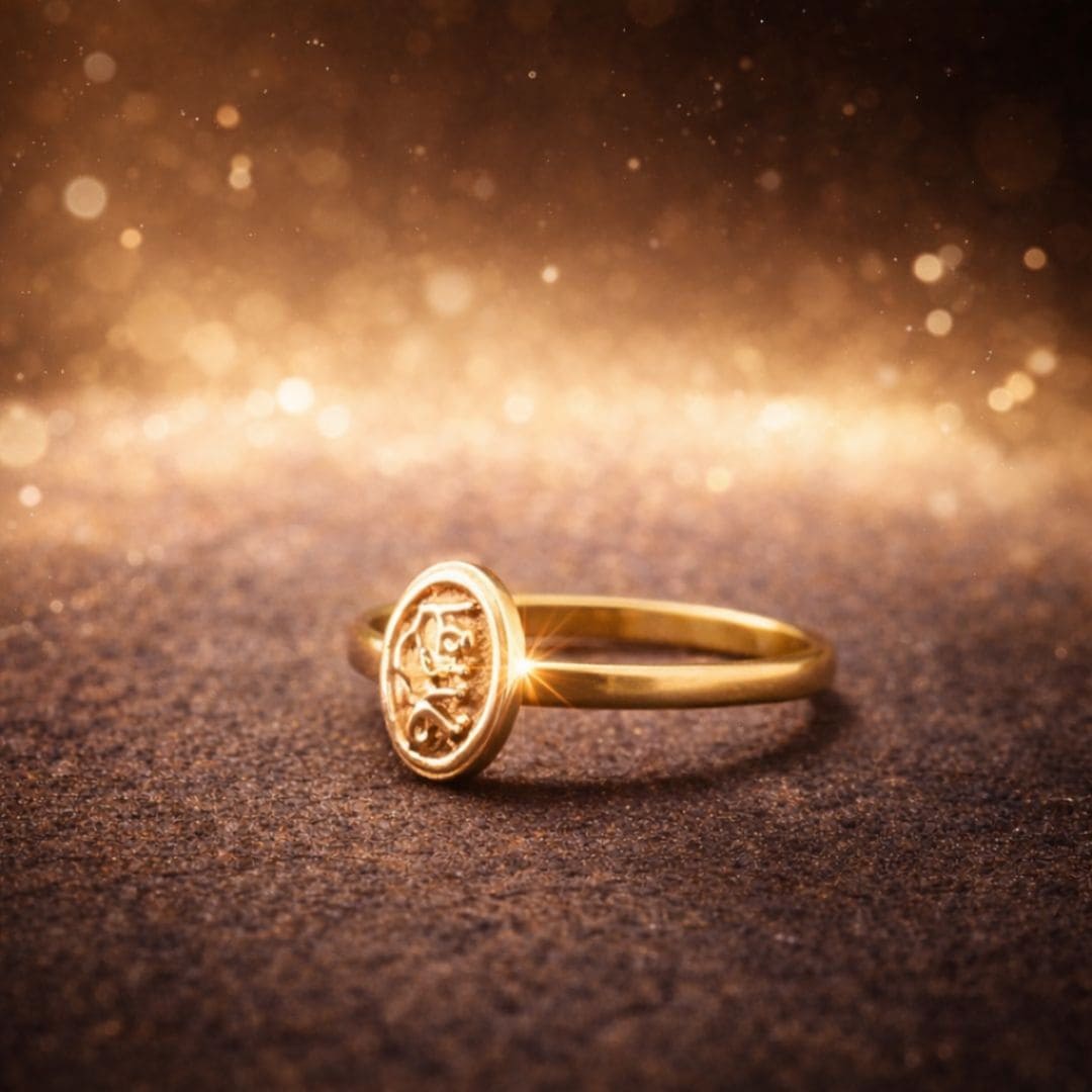 Hezel gold ring with engraved circular design on textured surface, elegant minimal style