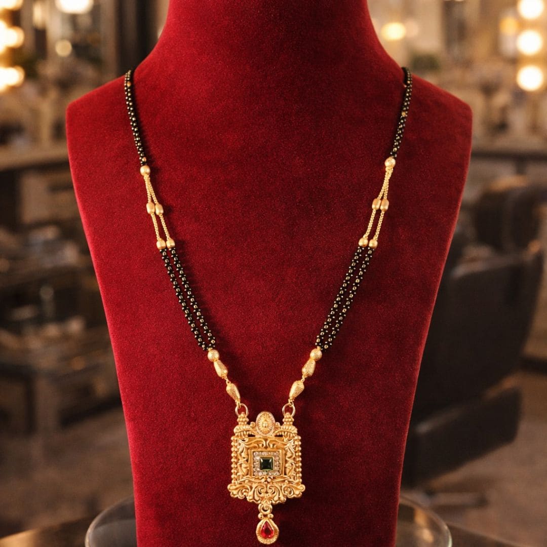 HEZEL premium mangalsutra necklace on luxurious velvet stand