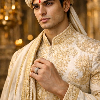HEZEL textured silver band ring worn by groom in traditional sherwani with elegant wedding setting