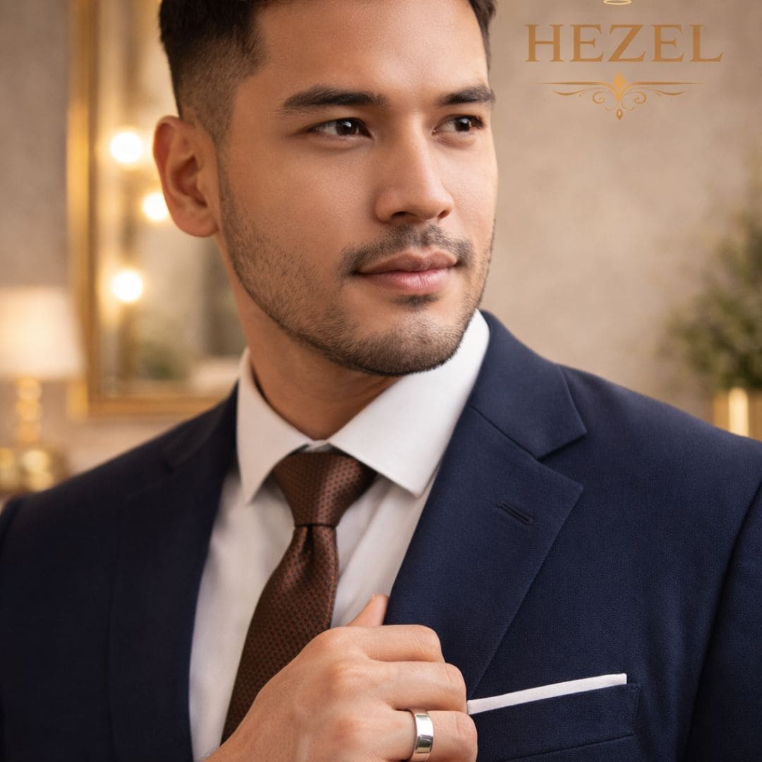 HEZEL minimalist silver band ring with dual groove design worn by male model in formal suit with elegant background