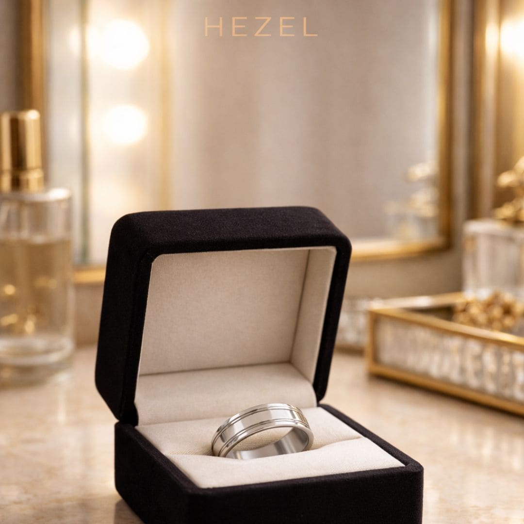 HEZEL minimalist silver band ring with dual groove design presented in premium velvet jewelry box on elegant vanity