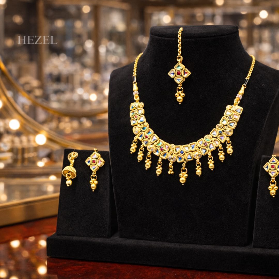 Traditional Gold-Tone Kundan Necklace Set With Earrings & Maang Tikka