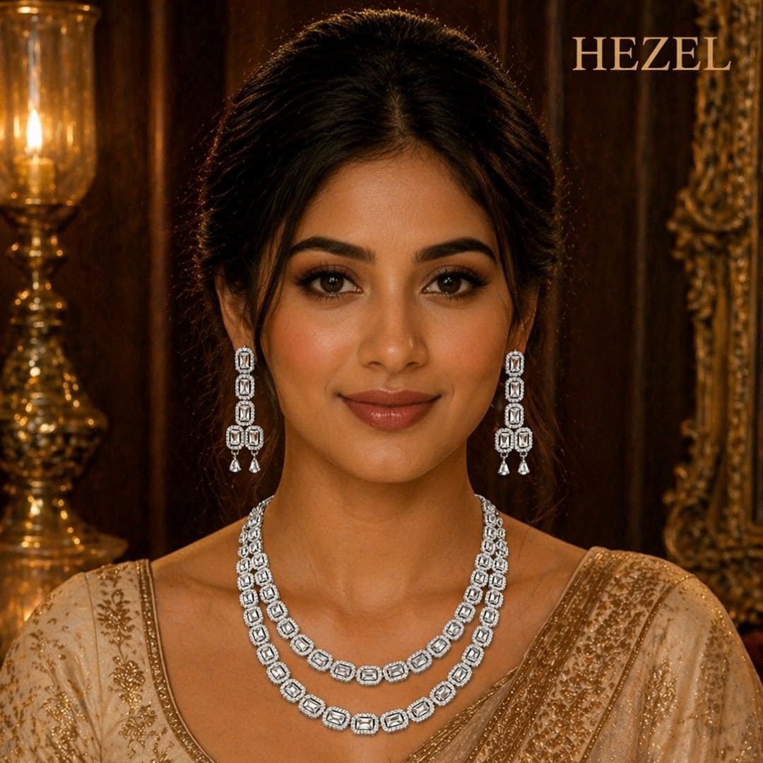 HEZEL premium silver statement necklace and earrings set showcased