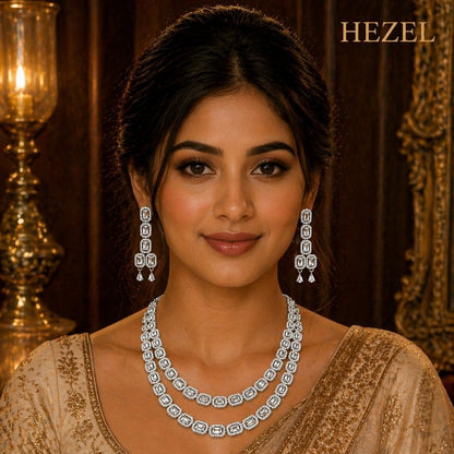 HEZEL premium silver statement necklace and earrings set showcased