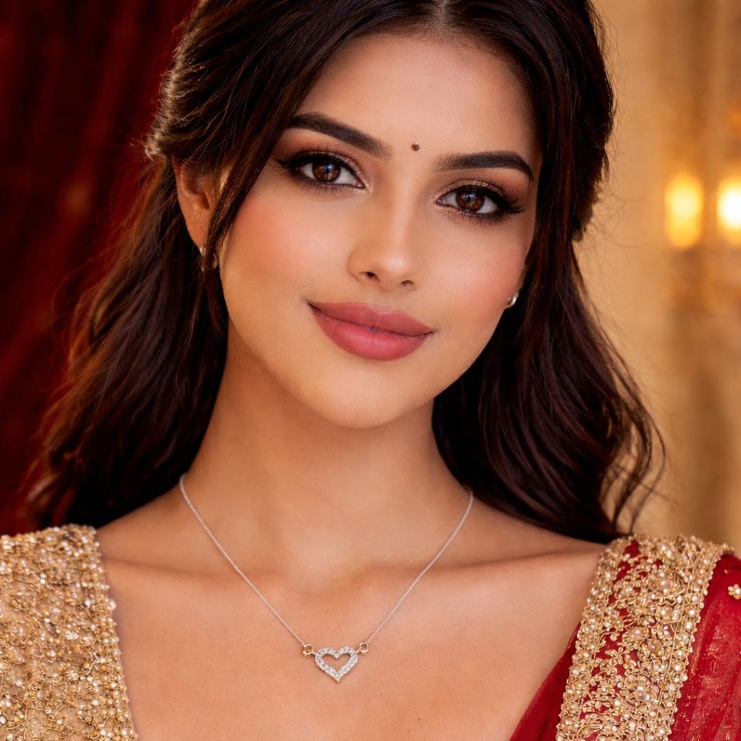 Model wearing HEZEL heart pendant necklace, elegant silver chain with sparkling double heart design