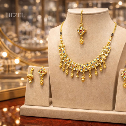 Traditional Gold-Tone Kundan Necklace Set With Earrings & Maang Tikka