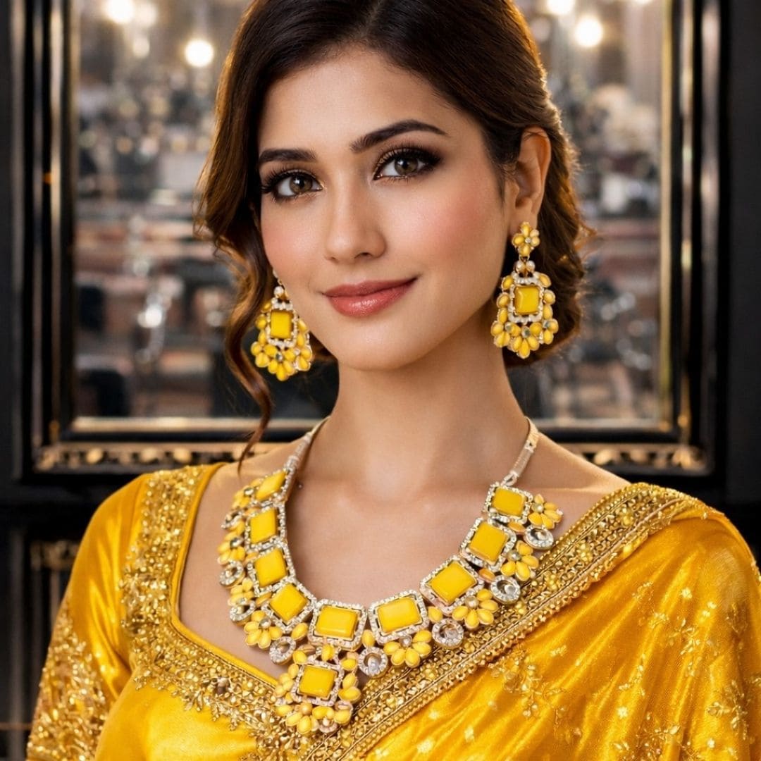 Model wearing Hezel yellow floral statement necklace set with matching earrings and elegant ethnic styling.
