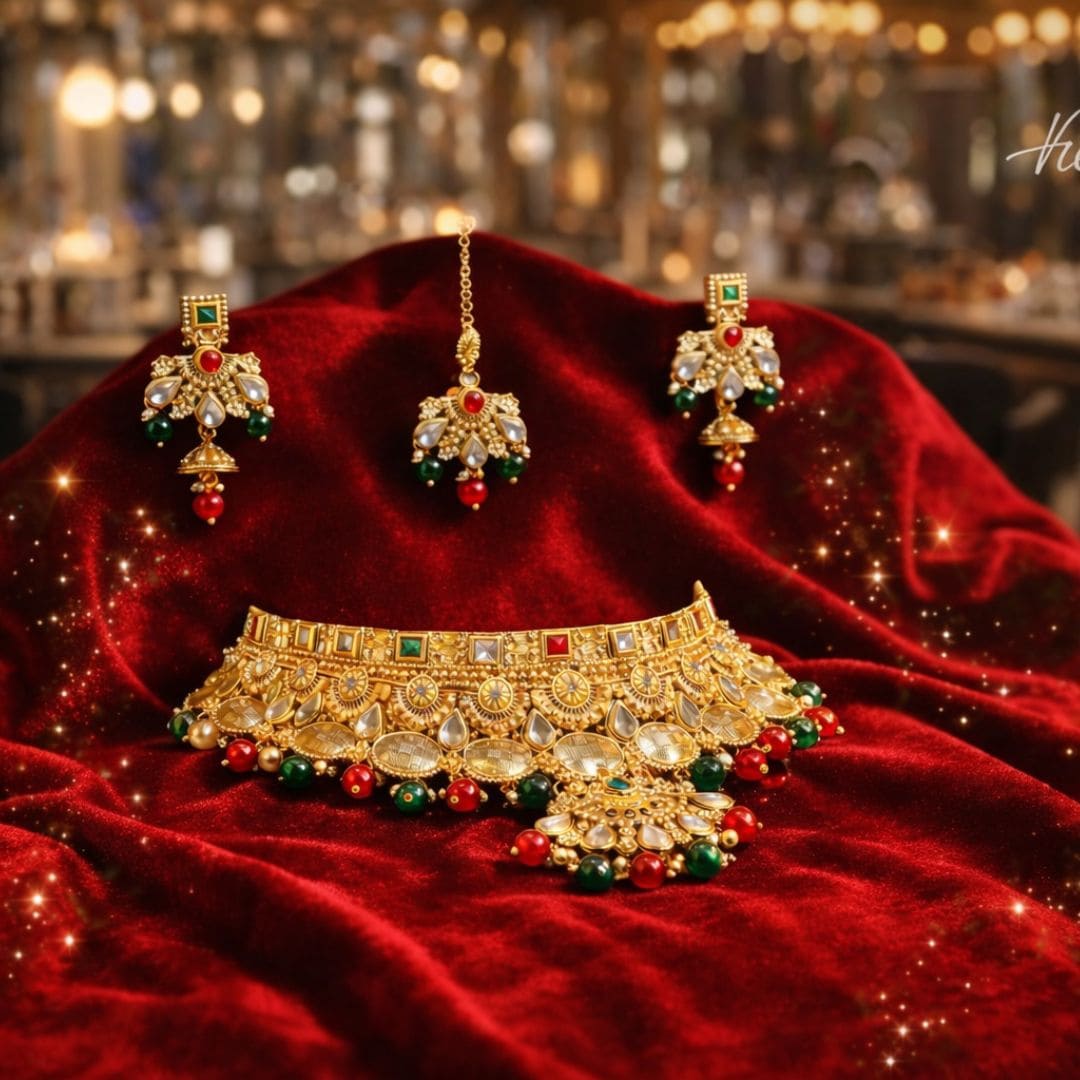 Royal Kundan Necklace Set With Maang Tikka & Earrings