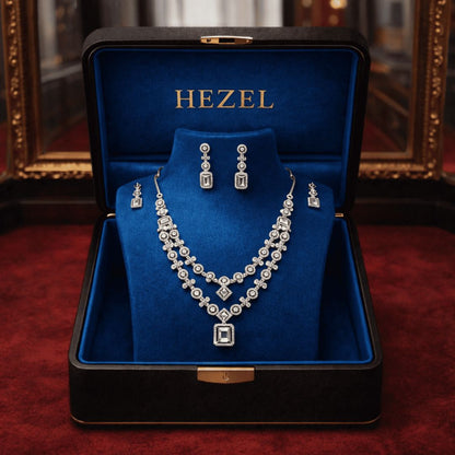 Luxury Silver-Tone Geometric Crystal Necklace Set