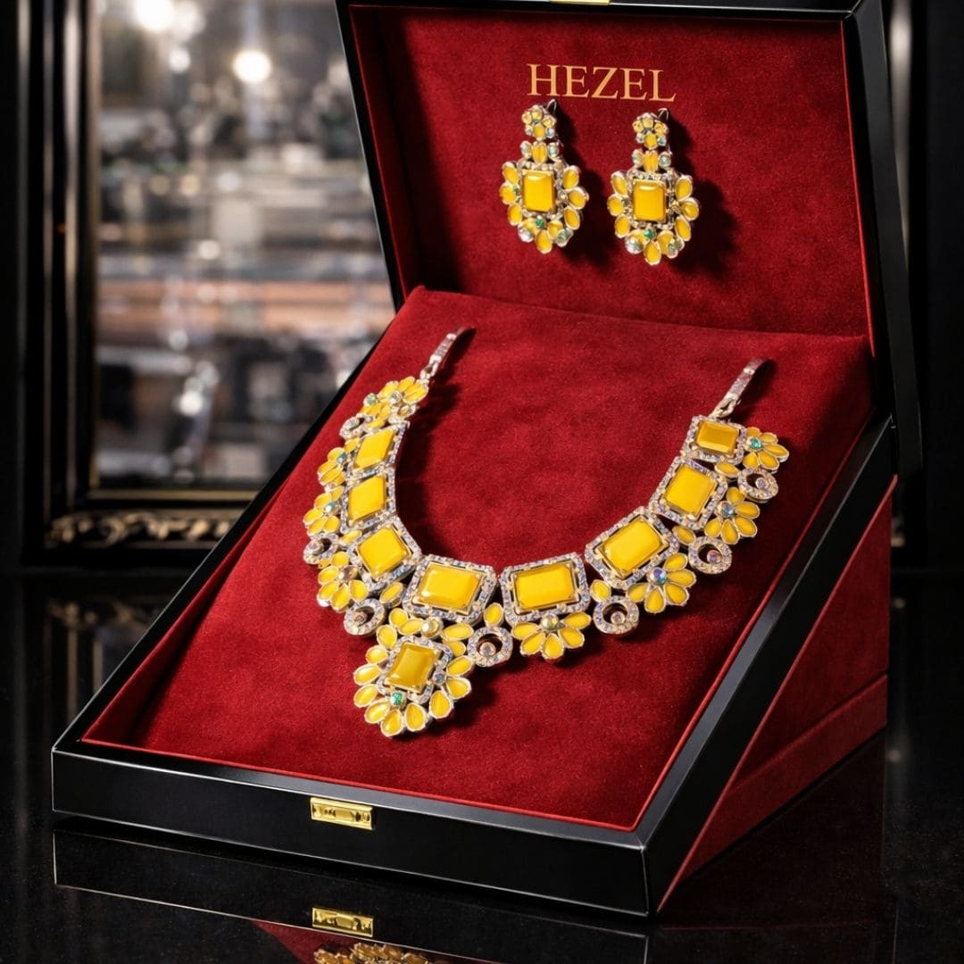 Hezel yellow floral statement necklace set with matching earrings displayed in a luxury velvet jewelry box