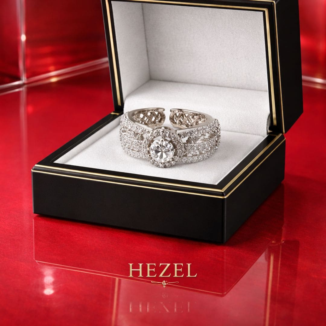 HEZEL diamond-studded statement ring with central stone, presented in a premium black box on a bold red luxury background