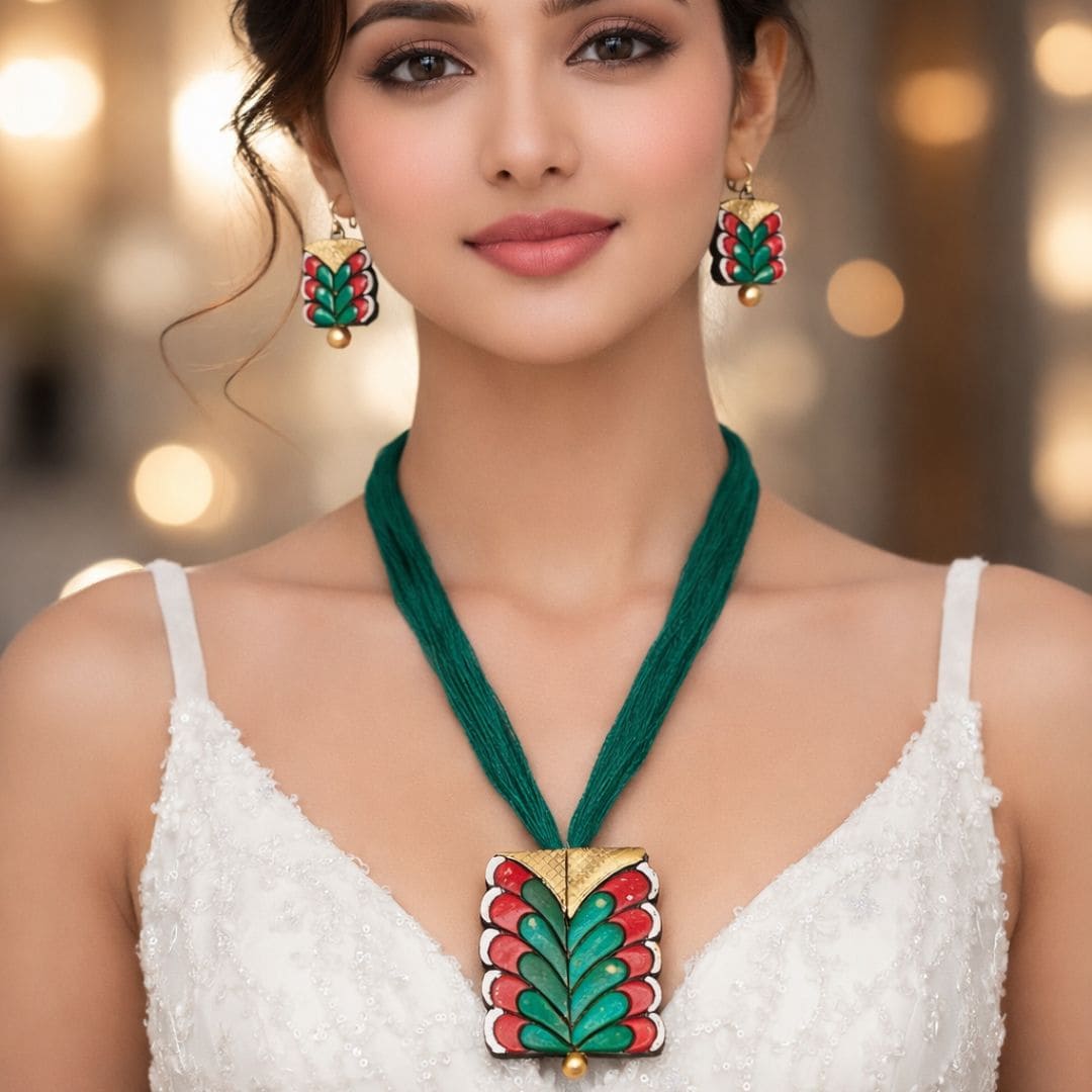 HEZEL green and red enamel necklace with matching earrings worn by female model in elegant festive attire close-up
