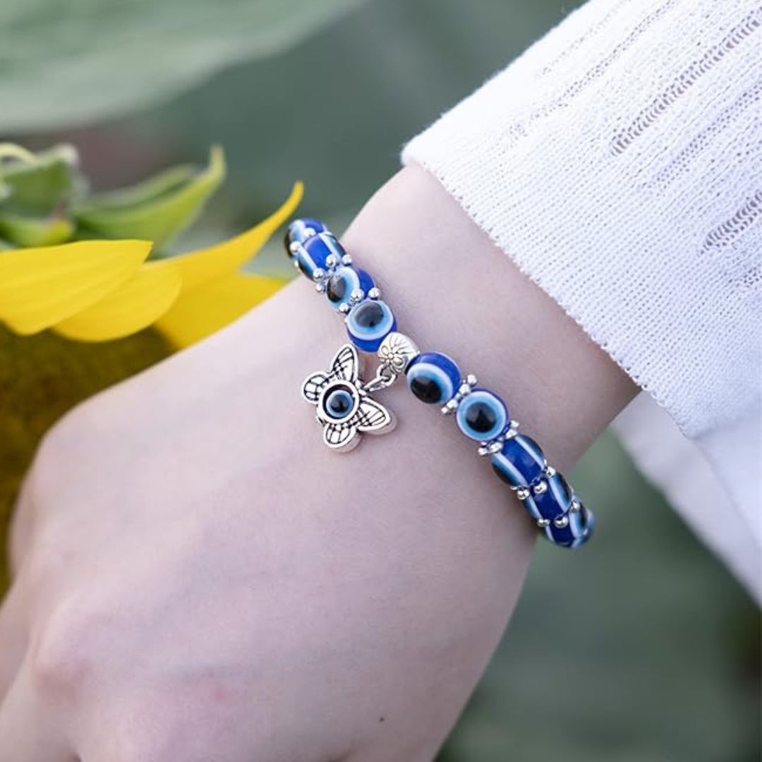 Blue Evil Eye Beaded Stretch Bracelet With A Butterfly Charm