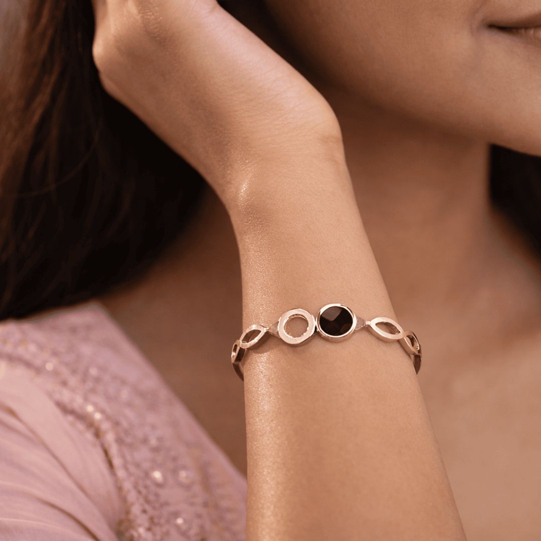 Modern Black Enamel Gold-Tone Open Cuff Bracelet