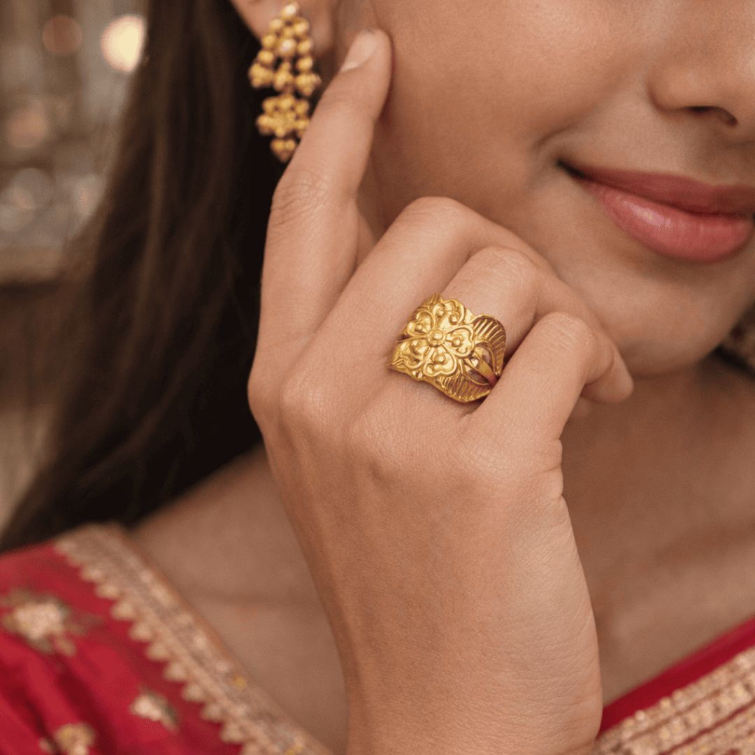 Traditional Gold-Tone Peacock Motif Statement Ring