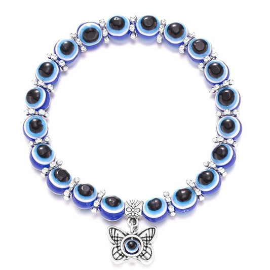 Blue Evil Eye Beaded Stretch Bracelet With A Butterfly Charm